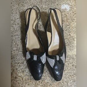 Whittall & Shon Embellished Bow Sling Back Black Silver Kitten Heels Size 12